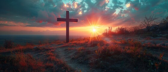 Cross on Calvary hill. Sunrise, sunset sky background. Ascension day concept. Christian Easter. Faith in Jesus Christ. Christianity. Church worship, salvation concept.