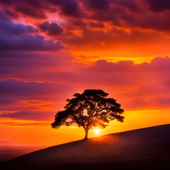 sunset background with trees in the meadow
