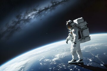 宇宙空間にいる宇宙飛行士と地球