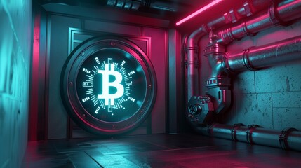A futuristic vault with digital lock mechanism displaying bitcoin symbol - obrazy, fototapety, plakaty