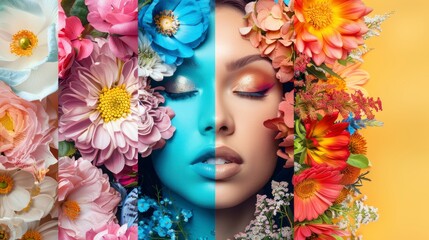 beautiful women models with flower-themed makeup with painted faces and real flowers with colorful background in studio with professional lighting