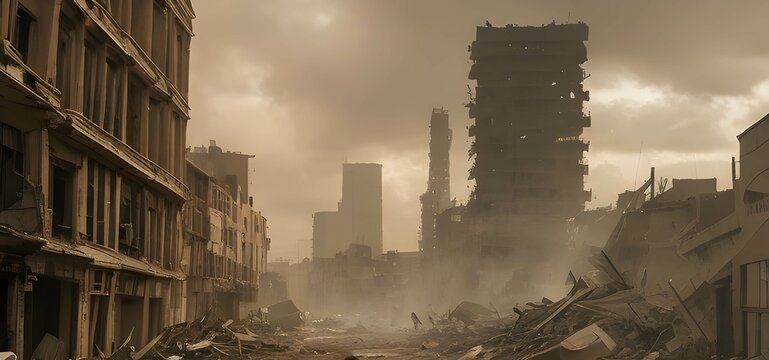 戦争で空爆され廃墟となった都市のAIイメージ