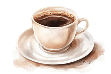 Obraz premium Morning Bliss: A Cup of Hot Cappuccino with Brown Espresso in a White Coffee Mug, Aroma of Freshly Brewed Coffee on a Background of Artistic Watercolor Drawing, Delivering Sweet Taste and