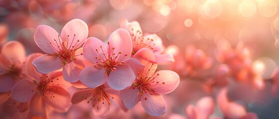 Spring blossom background. Beautiful nature scene with blooming trees and sun flare. Sunny day. Spring flowers. Beautiful Orchard. Abstract blurred background. Spring season.