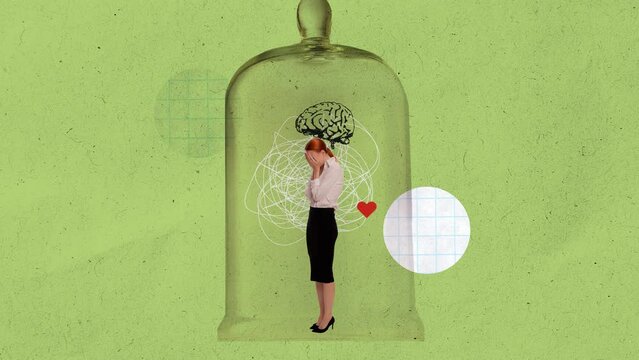 Stop motion, animation. Advertisement for cognitive behavioral therapy clinic. Woman inside glass bottle with brain, chaotic lines, heart, symbolizing emotional and mental disorders. Psychology