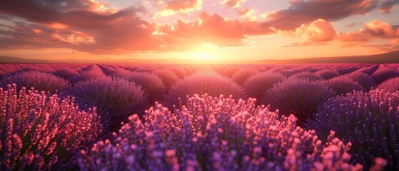 In a lavender flower field, Violet fragrant lavender flowers bloom. Growing lavender swaying in the wind, harvest, perfume ingredient, aromatherapy. Lavender fields, perfume ingredients. - obrazy, fototapety, plakaty