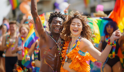 Obraz premium Portraits of multi ethnicity guys and girls cheerfully laughing and dancing while they celebrating Pride Day Parade in participants crowd. People dressed colorful mostly Rainbow LGBT flag colors.