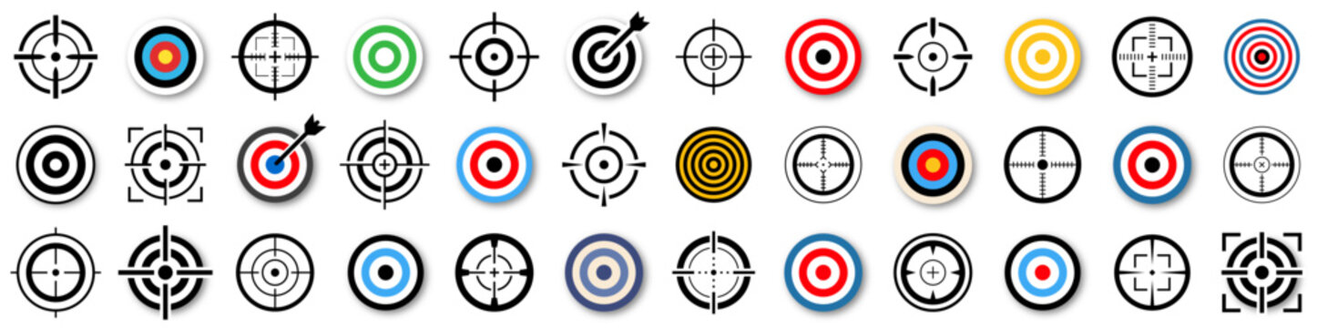Target flat icons collection. Colored targets in different styles big set. Aim gun icons. Aim sniper shoot icons. Set of take aim target icon. Vector illustration