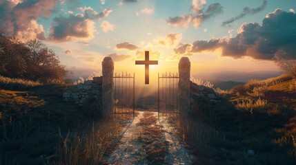 Cross on Calvary hill, sunrise, sunset sky background. Copy space. Ascension day. Christian Easter. Faith in Jesus Christ. Christianity. Church worship, salvation concept. Gate to heaven. - obrazy, fototapety, plakaty
