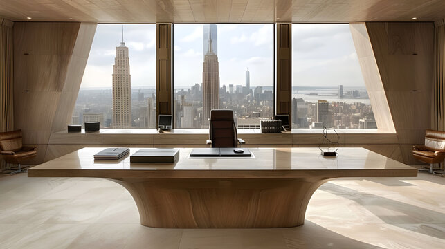 Executive room at top of building long wooden table in a spacious room with large windows overlooking a city skyline at evening