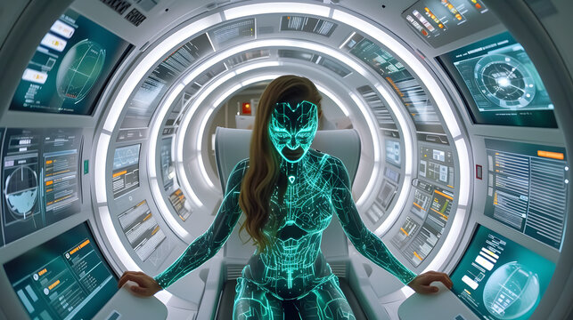 A cybernetic female figure with a glowing digital interface stands in a high-tech spaceship corridor, representing futuristic technology and artificial intelligence.
