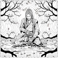 Fototapeta na wymiar fantasy coloring pages for adults, coloring pages with samurai for children