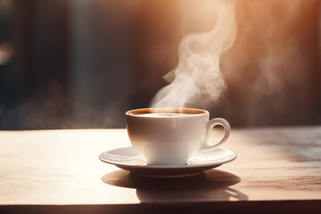 cup of coffee on a table steam from the cup and thin ray morning of light - Powered by Adobe