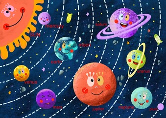 Naklejka premium thank you for viewing Poster Space, universe, planets, solar system, rocket, stars, meteorites, 9 planets