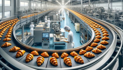 producing croissants, on a factory line conveyor
