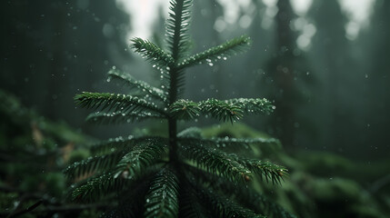 Fototapeta na wymiar A single fern amidst a misty forest, with water droplets and a moody ambiance. 