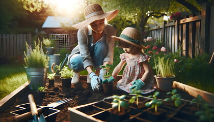 mother with daughter planting potted flowers in the garden - obrazy, fototapety, plakaty