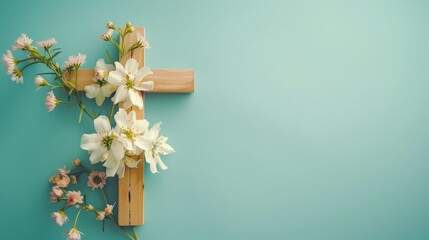 Religion background with a wooden cross and spring flowers against a blue background. Christianity...