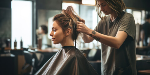 Hairdressing Beauty: A Young Female Stylist at Work, Creating a Pretty Hairstyle with Professional Care