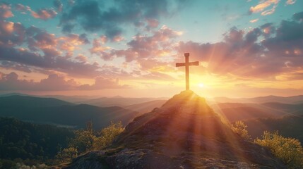 A sunset sky background with the crucifix symbol of Jesus - obrazy, fototapety, plakaty