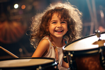 Fototapeta na wymiar Picture of a happy charming little funny girl playing with a drum set on stage made with generative AI