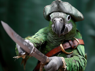 A pirate-themed parrot, dressed in green, gleefully wields a knife during playtime