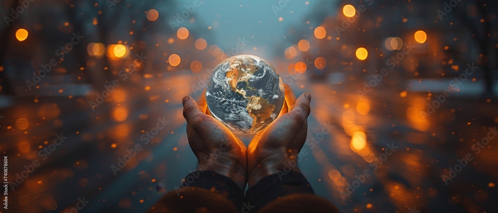 Poster provided the images of planet earth held by a man against the lights of the evening city. concept an
