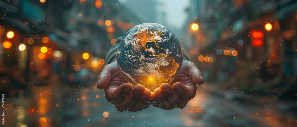 Poster the planet earth is held in the hands of a man and lit up by the lights of an evening city. .