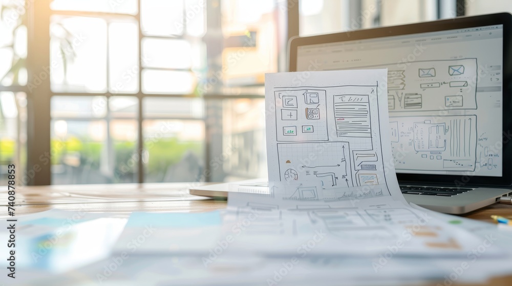 Poster Panoramic shot of developer workspace for brainstorming and designing application frameworks. Scrutinize digital and paper wireframe designs for websites or mobile apps.