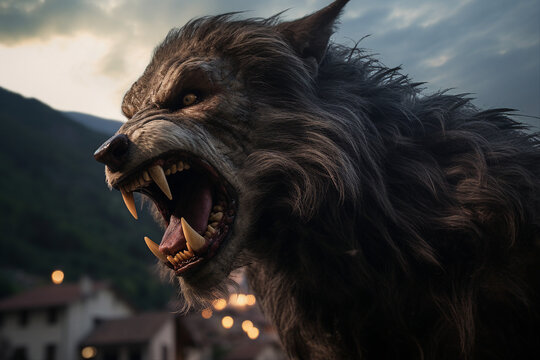 AI generated fantasy scene picture of an scary monster werewolf in dark forest