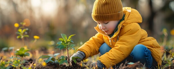 Child planting tree on sunny day to celebrate National Tree Planting Day. Concept National Tree Planting Day, Child's Activities, Gardening, Environmental Awareness, Sunny Day