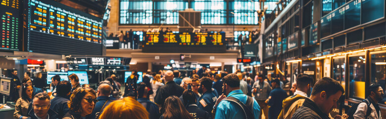 Busy stock exchange floor with traders and monitors