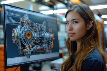 A curious woman gazes at a computer monitor, her face illuminated by the screen as she reads the text displayed, her clothing reflecting the indoor light, captivated by the girl depicted on the scree