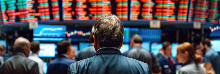 Busy stock exchange floor with traders and monitors