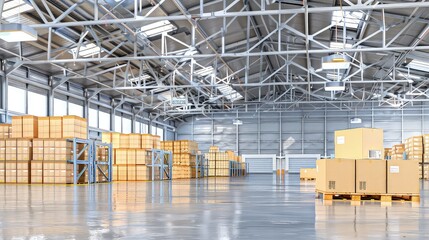 Big bright factory warehouse. Warehouse or storage and shelves with cardboard boxes. Industrial background.