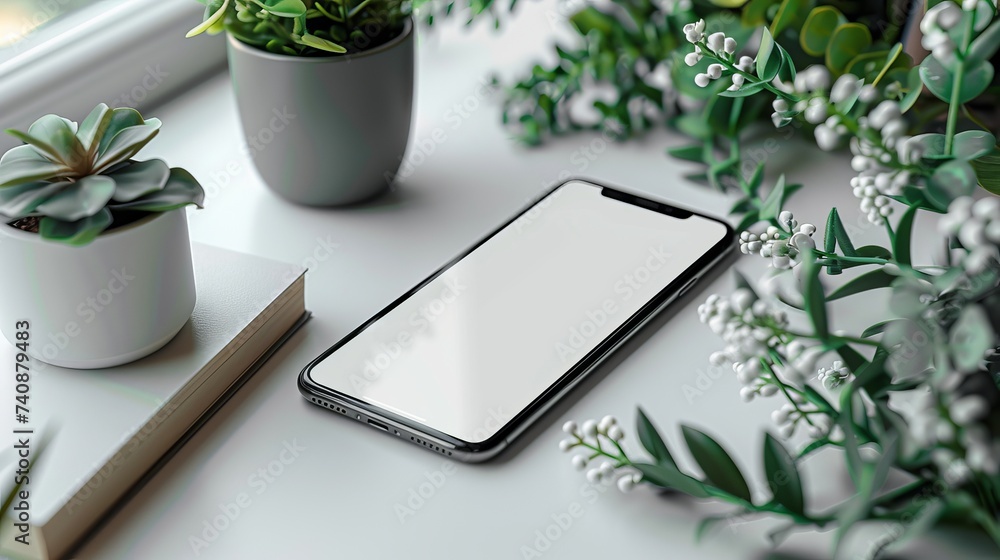 Poster the mockup of a smartphone with a blank screen on a white background is isolated.
