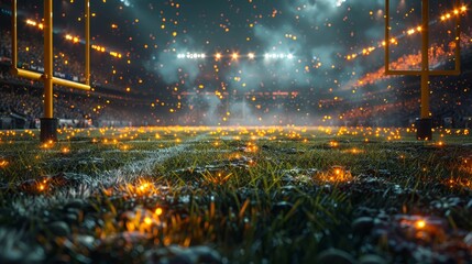 3D render of American football arena with yellow goal post, grass field, and blurred fans at playground. Concept of outdoot sport, football, championship, match, game space. - obrazy, fototapety, plakaty