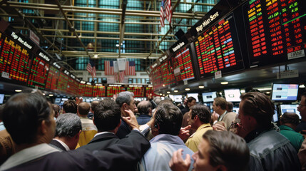 Busy stock exchange floor with traders and monitors