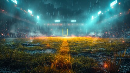A football field with yellow goal posts, grass and blurred fans at playground view. 3D render. Flashlights. Concept of outdoor sport, football, championship, match.