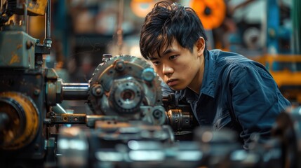 Fototapeta na wymiar Asian worker working in technology production factory with industrial machinery