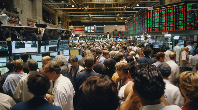 Busy stock exchange floor with traders and monitors