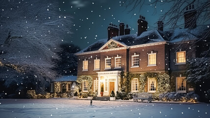 Christmas in the countryside manor, English country house mansion decorated for holidays on a snowy winter evening with snow and holiday lights, Merry Christmas and Happy Holidays