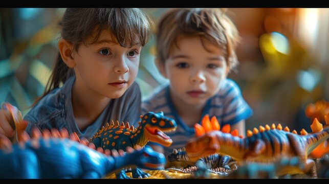 Children play with colorful dinosaur toys.