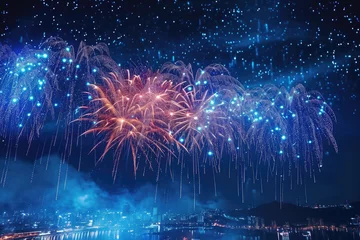 Fotobehang Vibrant fireworks burst and light up the night sky during a festive celebration, Fireworks exploding in the sky made of binary code, AI Generated © Iftikhar alam