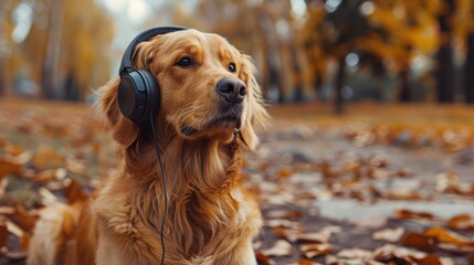 Dog listening to music with headphones and enjoying