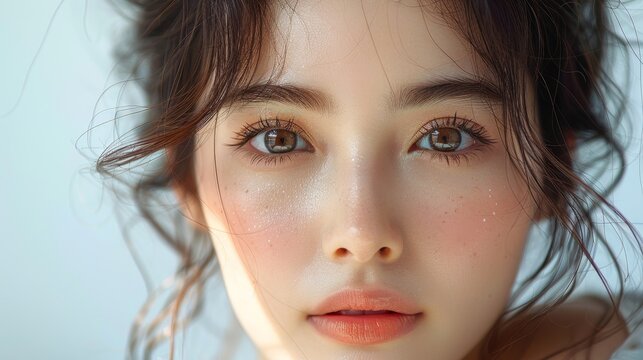A high-quality cropped photo of skincare and cosmetics concepts. Portrait of a happy Asian girl with natural skin touching her beautiful face.