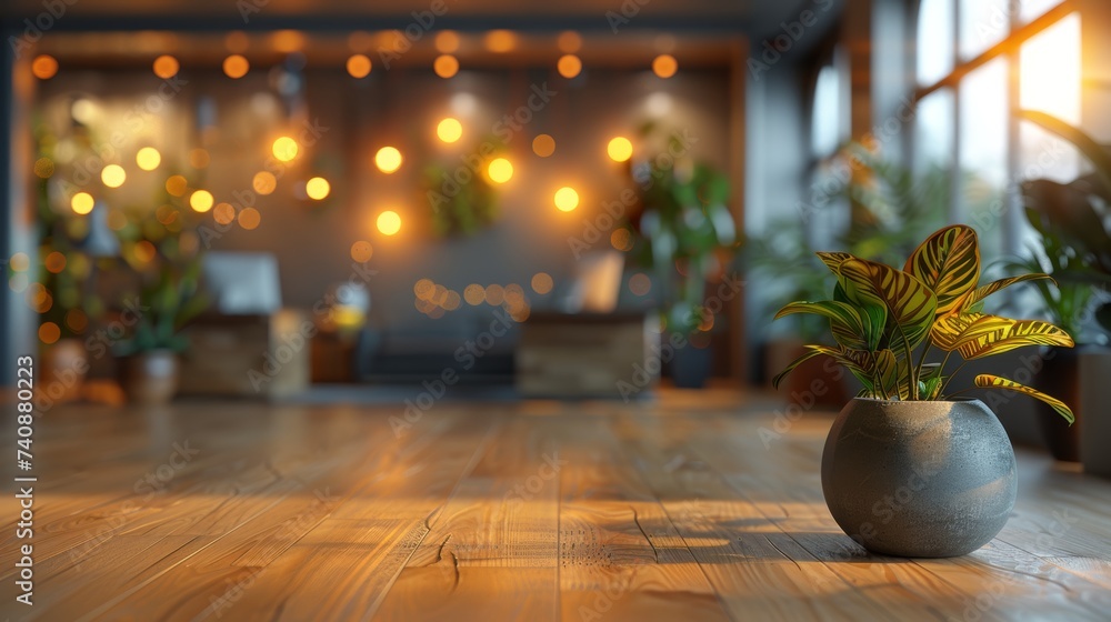 Poster An empty open office with a blurred background. Abstract light bokeh at an office interior.