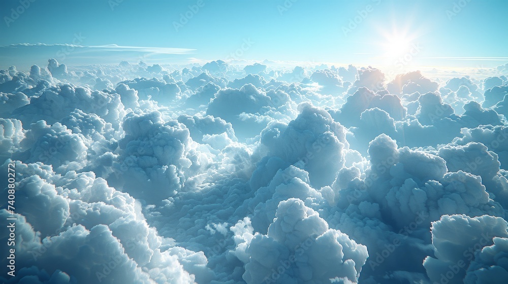 Poster on the plane, a view of white clouds on a soft sky background in the morning.