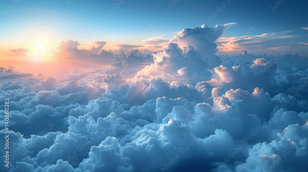 Poster View from a plane of large white clouds against a soft sky background.