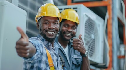 Male electrician giving thumbs up to air conditioner repairman - obrazy, fototapety, plakaty